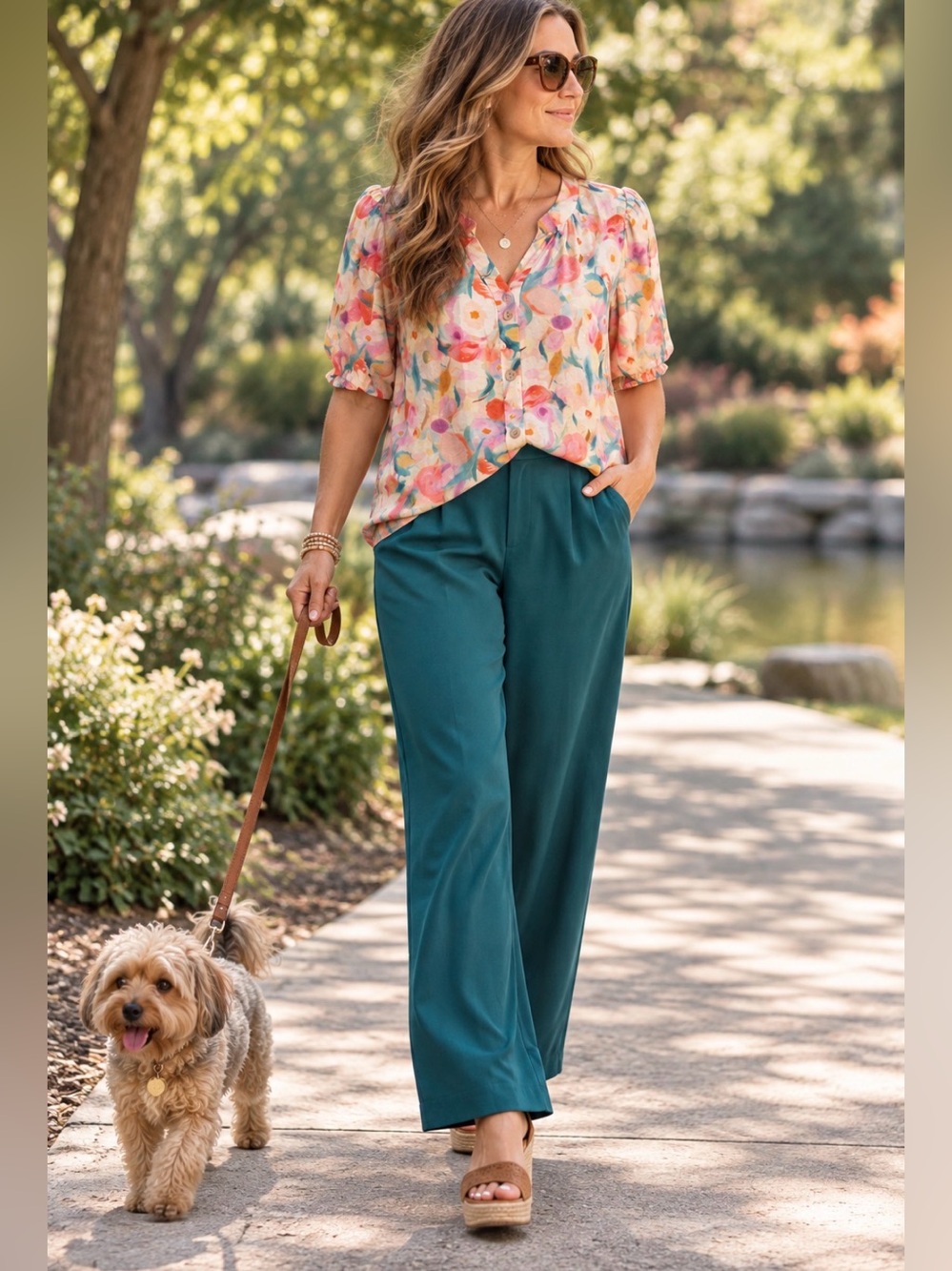 Floral Short-Puff Sleeve Button Front Blouse